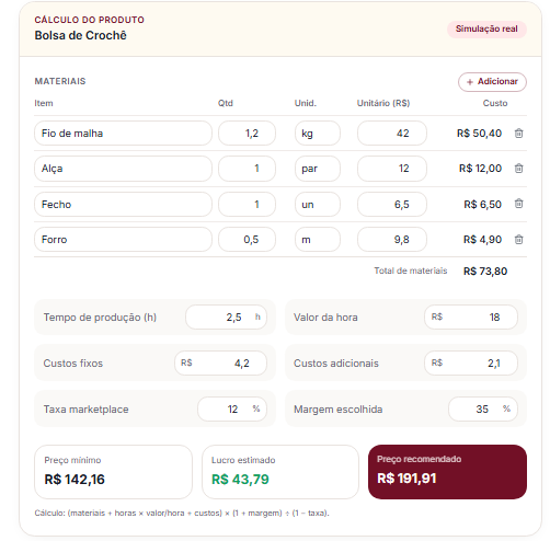 Calculadora completa da Complarte com materiais, taxa marketplace e simulação real